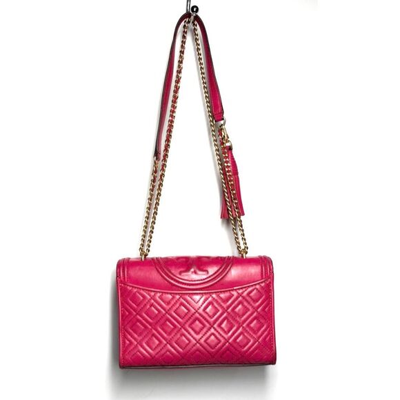 Tory Burch Fleming Quilted Magenta Convertible Shoulder Bag Gold Chain Tassel - Picture 2 of 11